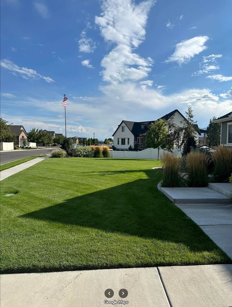 Suburban neighborhood street view with manicured green lawn, modern homes, American flag, and blue sky with white clouds