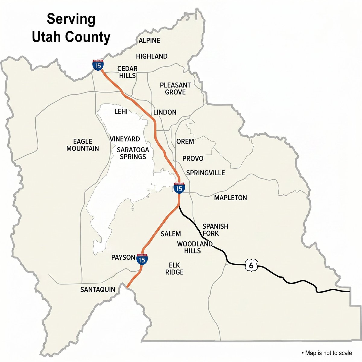 Map of Utah County showing service coverage area with highlighted highways and major towns including Provo, Salem, and Payson.