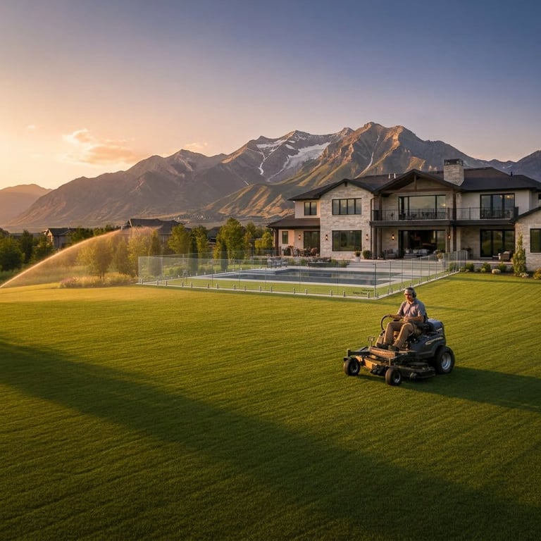 Person on riding mower maintaining large green lawn in front of modern house with mountain backdrop at sunset