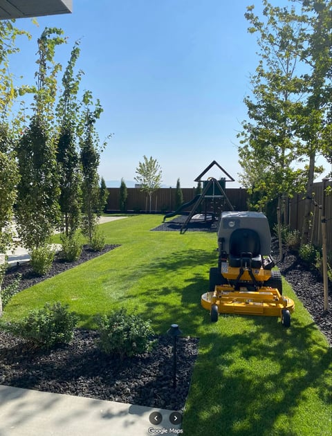 Yellow and black riding lawn mower on green grass in backyard with playground and wooden fence