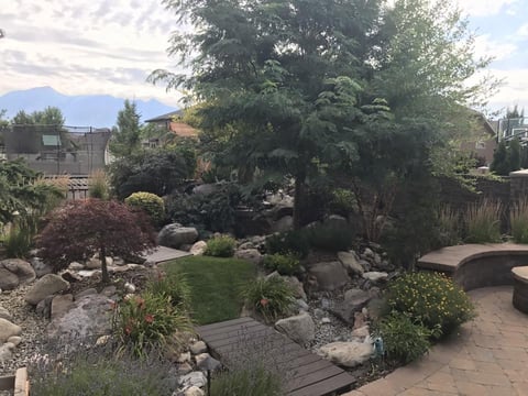 A landscaped backyard garden with large trees, varied plantings, stone pathways, and rocky terrain overlooking distant mountains